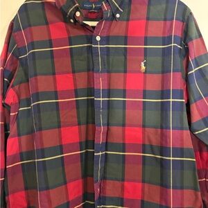 Ralph Lauren Men's Red and Navy Checkered Shirt